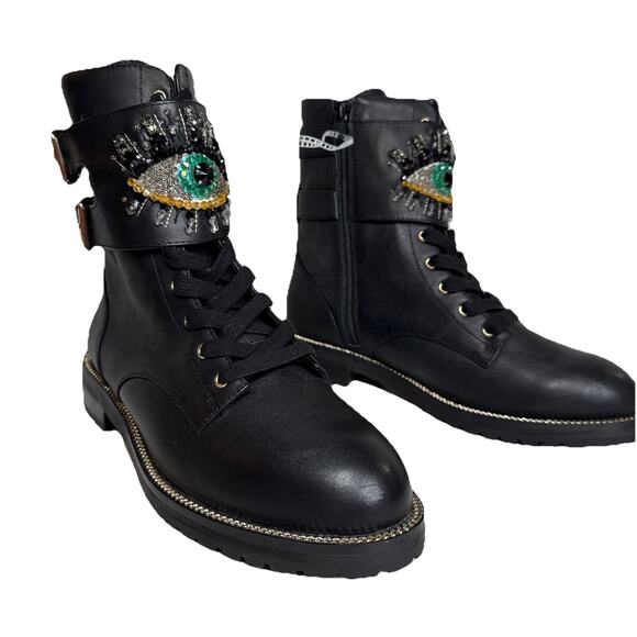 Kurt Geiger London Sutton Eye Embellished Combat Boots Size 38.5 NWOB - Picture 1 of 13